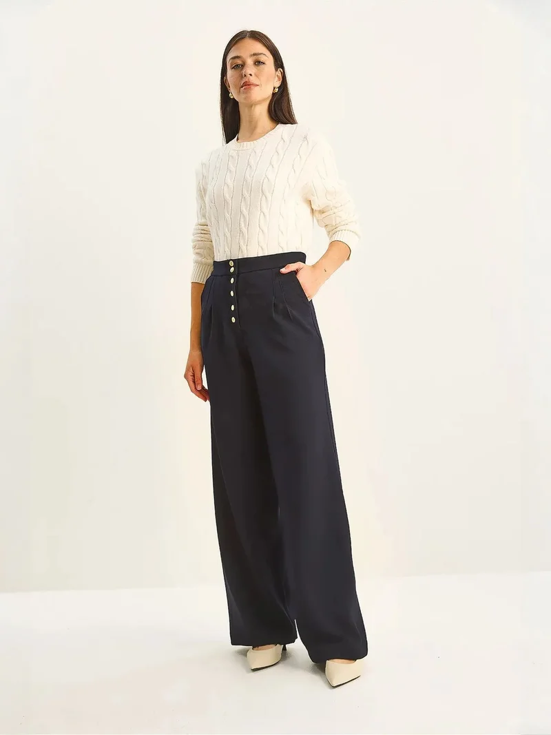 Bianco Lucci Navy Blue LUCCI High Waist Wide Leg Palazzo Pants for Women | Best Price UAE